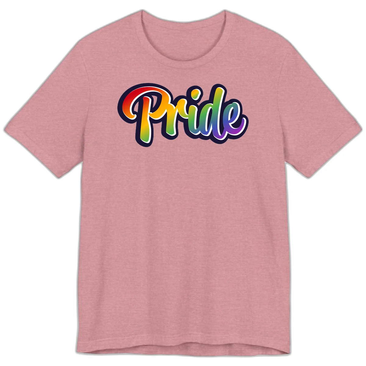 Pride rainbow script lettering with vibrant gradient fill from red to purple, featuring white outline and navy shadow effect in Heather Orchid