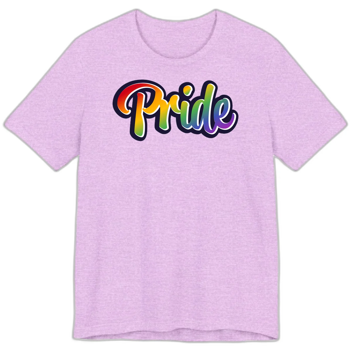 Pride rainbow script lettering with vibrant gradient fill from red to purple, featuring white outline and navy shadow effect in Heather Prism Lilac