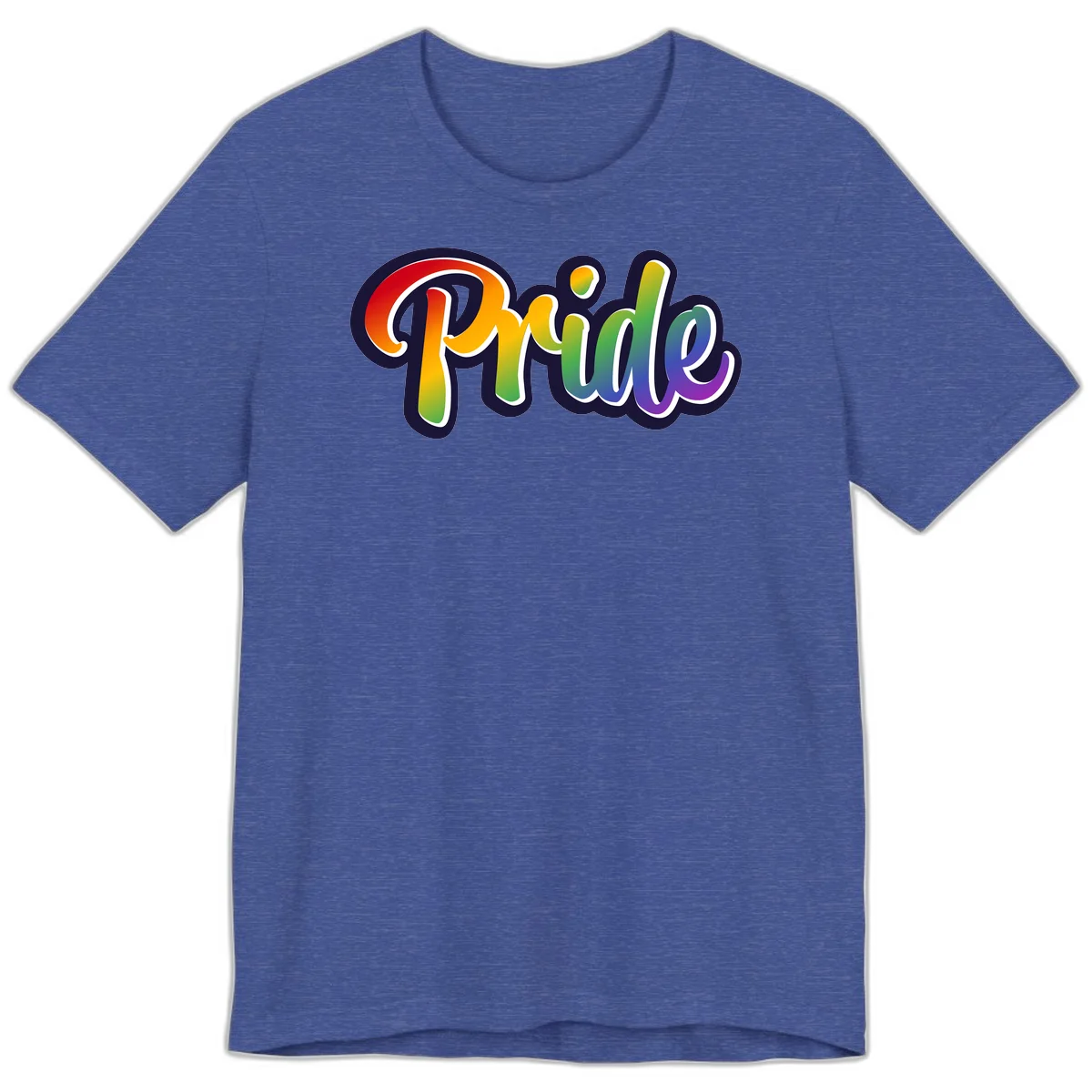Pride rainbow script lettering with vibrant gradient fill from red to purple, featuring white outline and navy shadow effect in Heather True Royal
