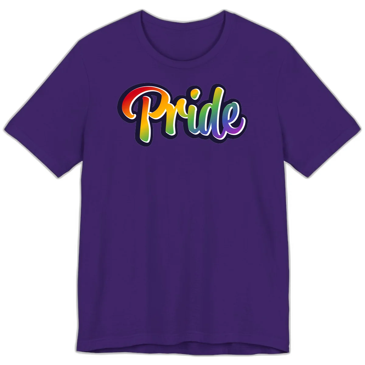 Pride rainbow script lettering with vibrant gradient fill from red to purple, featuring white outline and navy shadow effect in Team Purple