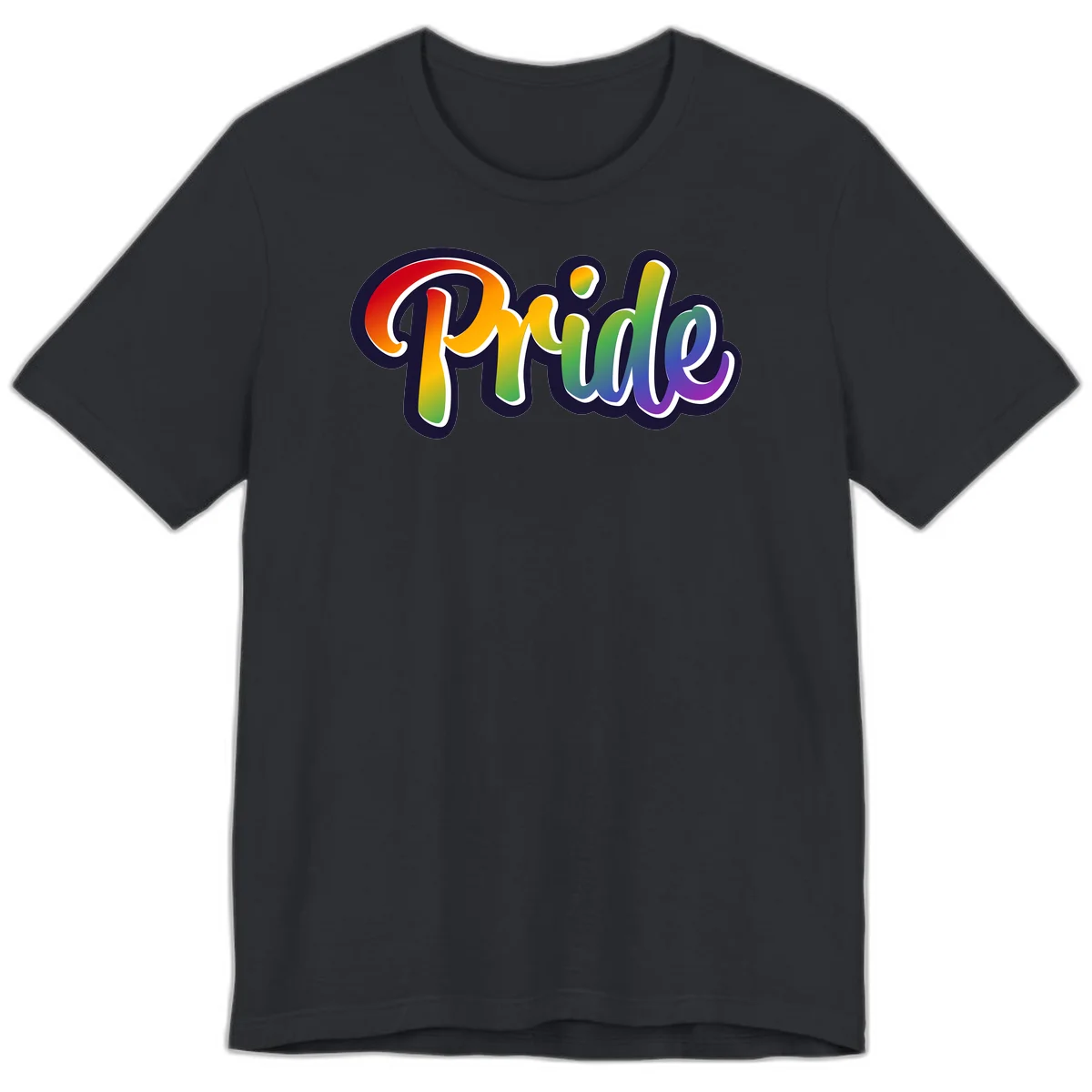 Pride rainbow script lettering with vibrant gradient fill from red to purple, featuring white outline and navy shadow effect in Vintage Black