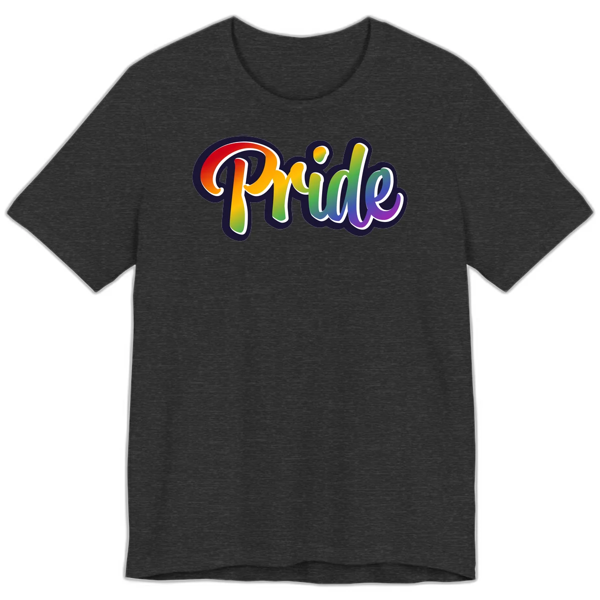 Pride rainbow script lettering with vibrant gradient fill from red to purple, featuring white outline and navy shadow effect in Dark Grey Heather