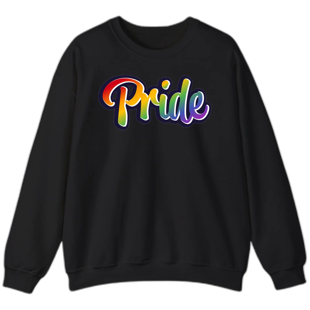 Pride rainbow script lettering with vibrant gradient fill from red to purple, featuring white outline and navy shadow effect in Black