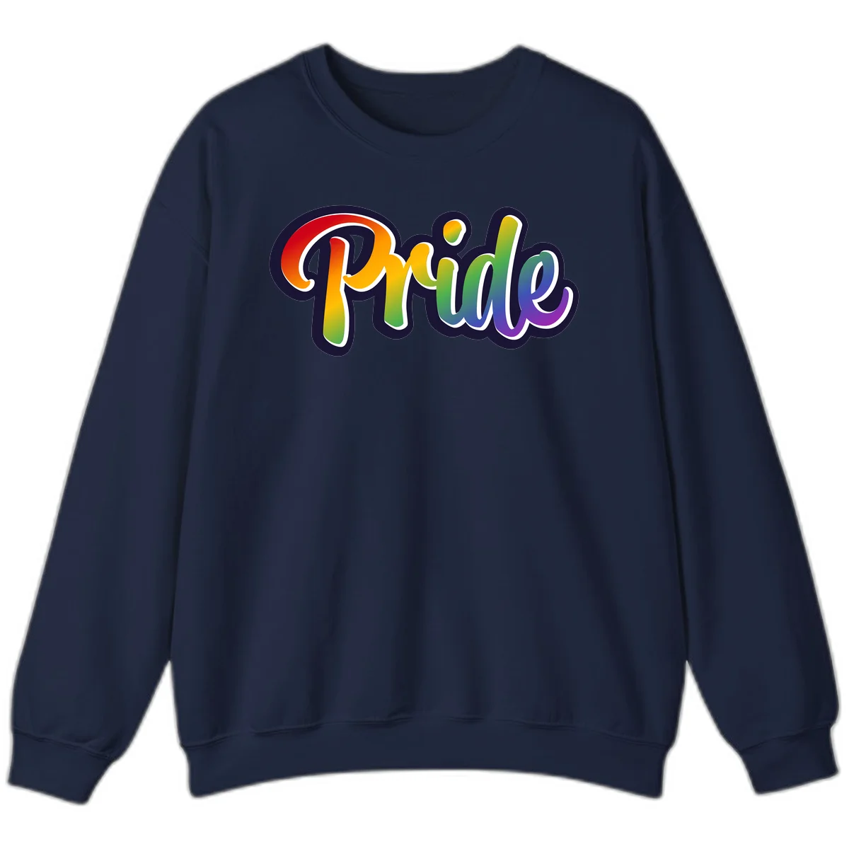 Pride rainbow script lettering with vibrant gradient fill from red to purple, featuring white outline and navy shadow effect in Navy