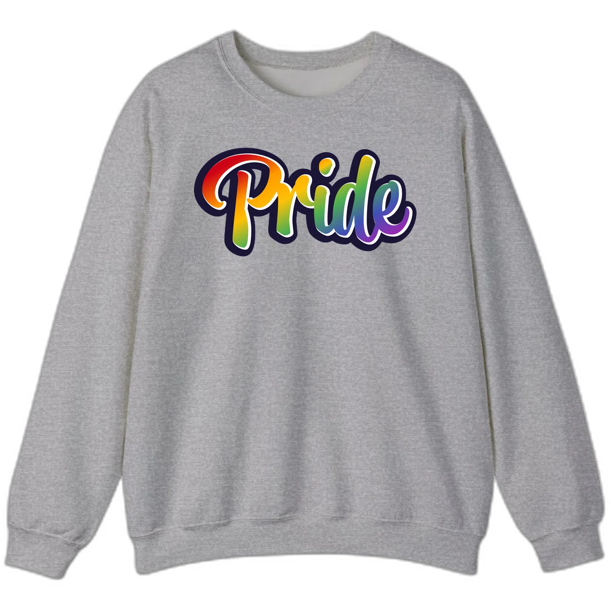 Pride rainbow script lettering with vibrant gradient fill from red to purple, featuring white outline and navy shadow effect in Sport Grey