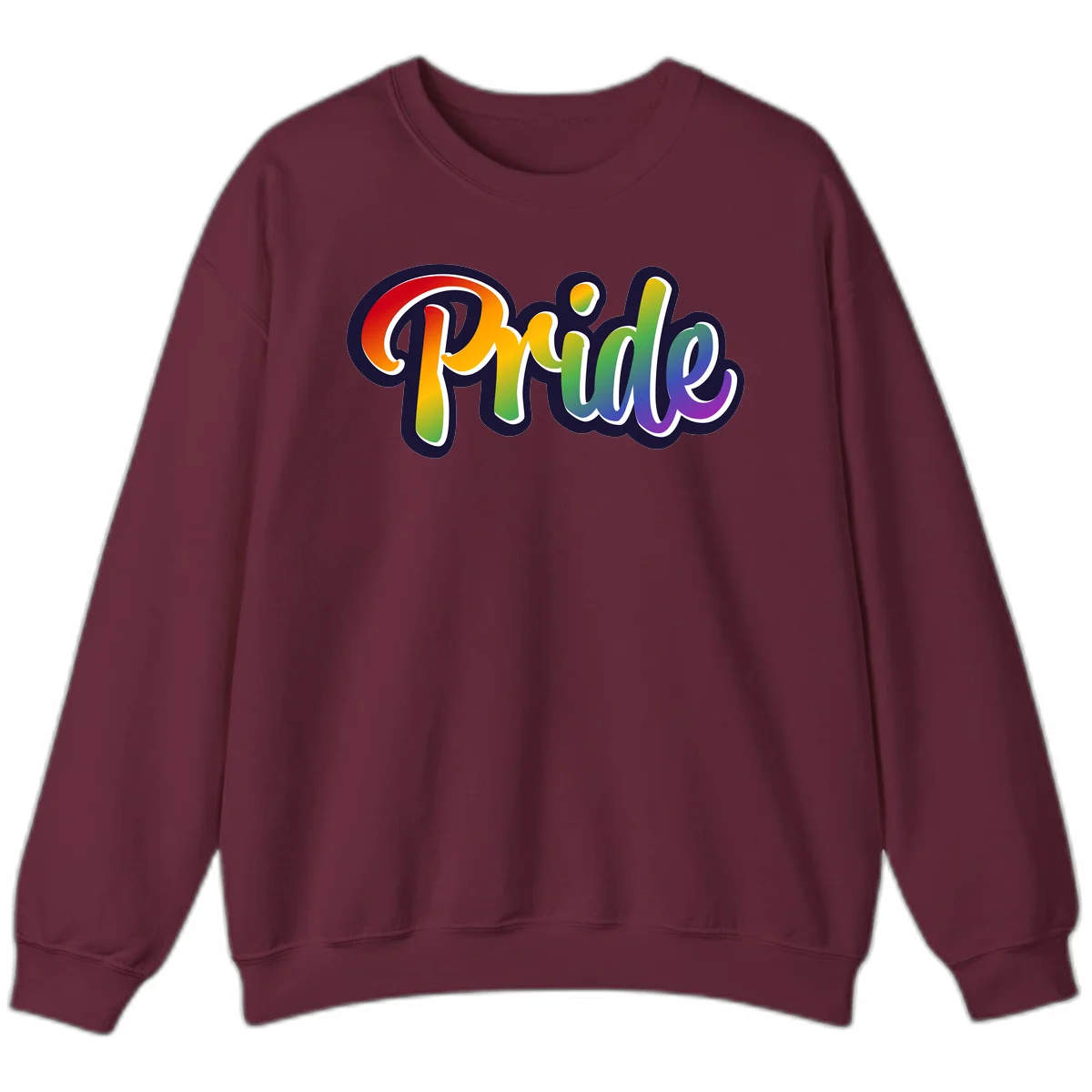 Pride rainbow script lettering with vibrant gradient fill from red to purple, featuring white outline and navy shadow effect in Maroon
