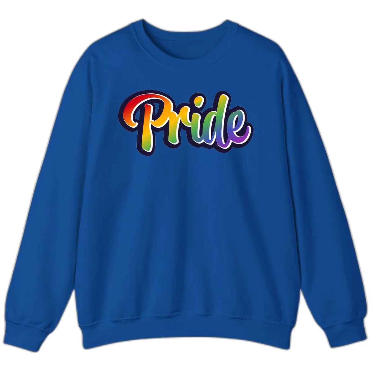 Pride rainbow script lettering with vibrant gradient fill from red to purple, featuring white outline and navy shadow effect in Royal