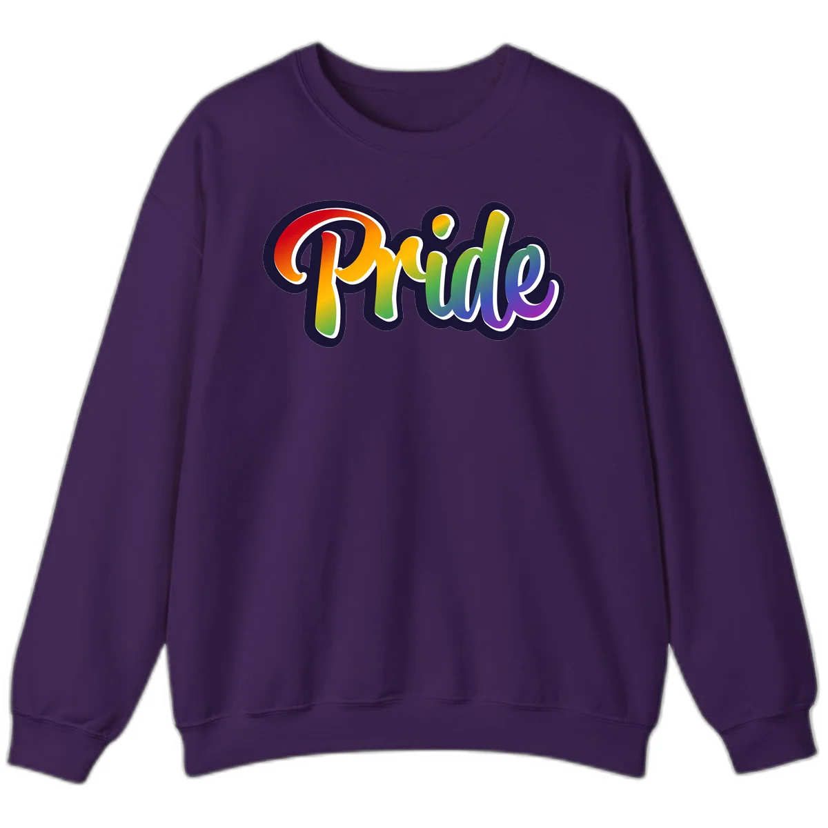 Pride rainbow script lettering with vibrant gradient fill from red to purple, featuring white outline and navy shadow effect in Purple