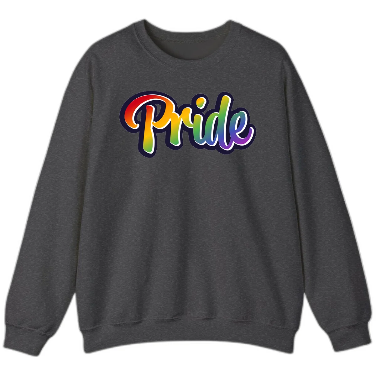 Pride rainbow script lettering with vibrant gradient fill from red to purple, featuring white outline and navy shadow effect in Dark Heather