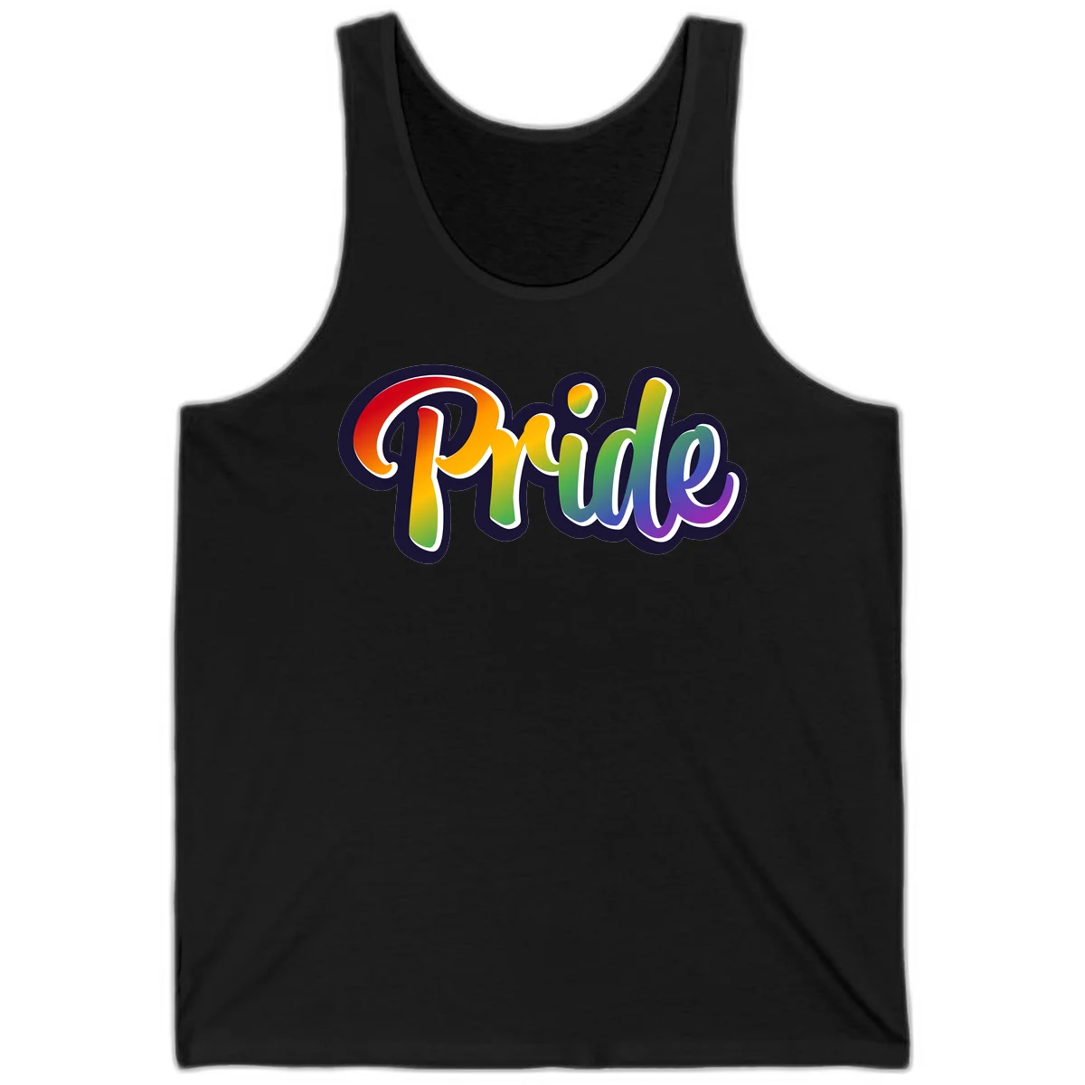Pride rainbow script lettering with vibrant gradient fill from red to purple, featuring white outline and navy shadow effect in Black