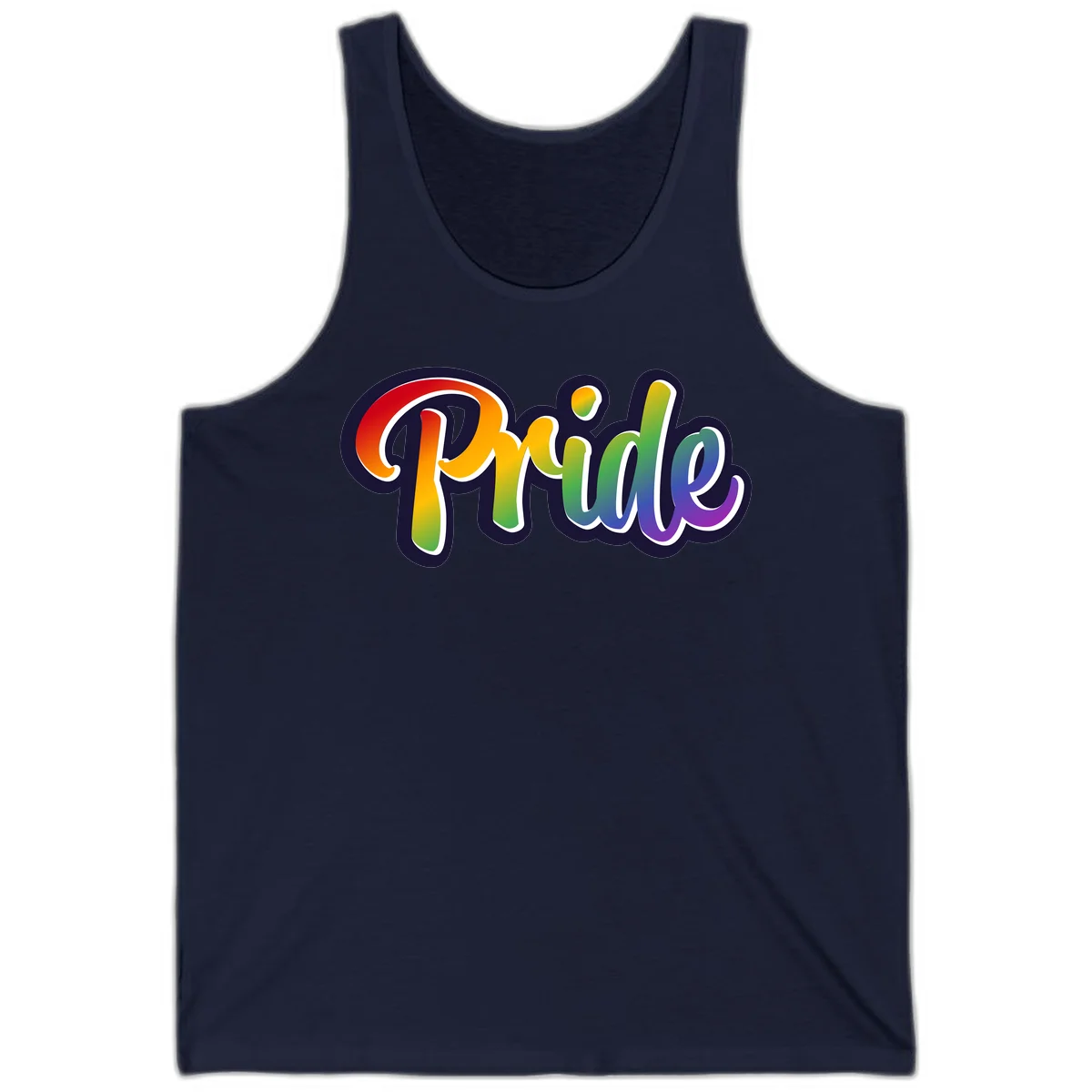 Pride rainbow script lettering with vibrant gradient fill from red to purple, featuring white outline and navy shadow effect in Navy