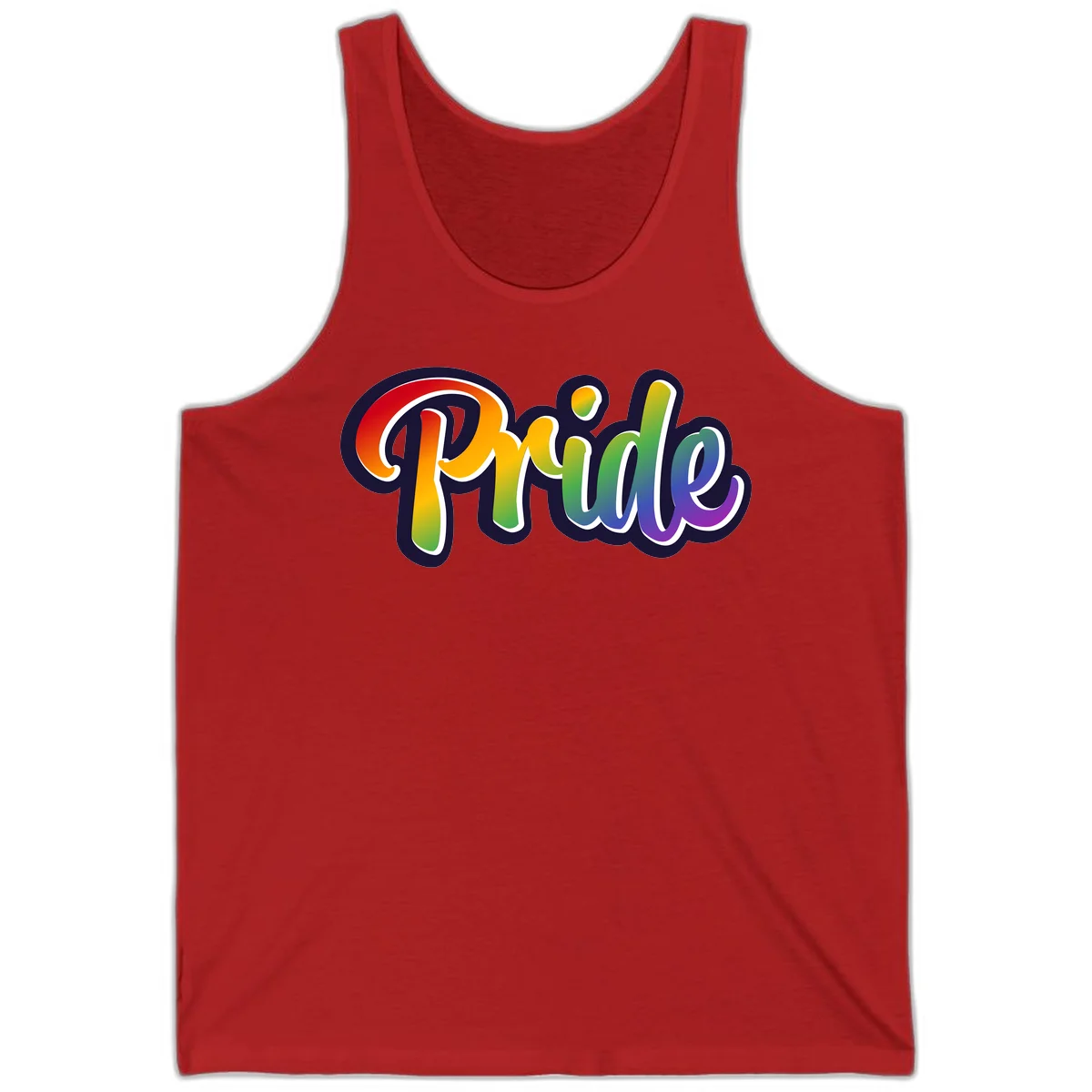 Pride rainbow script lettering with vibrant gradient fill from red to purple, featuring white outline and navy shadow effect in Red