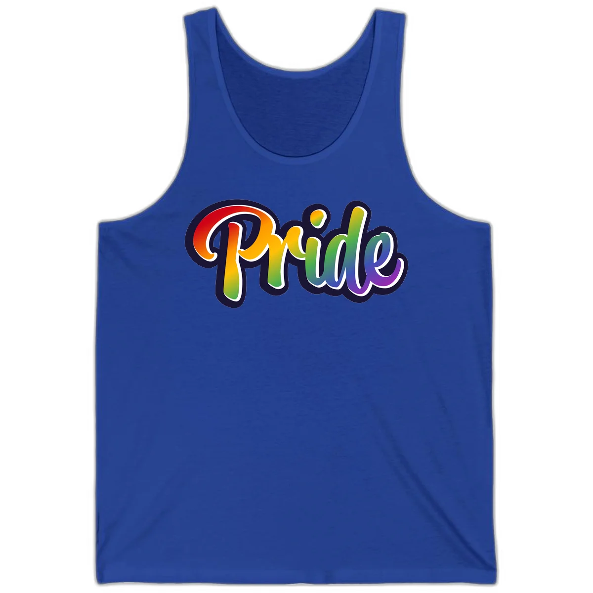 Pride rainbow script lettering with vibrant gradient fill from red to purple, featuring white outline and navy shadow effect in True Royal