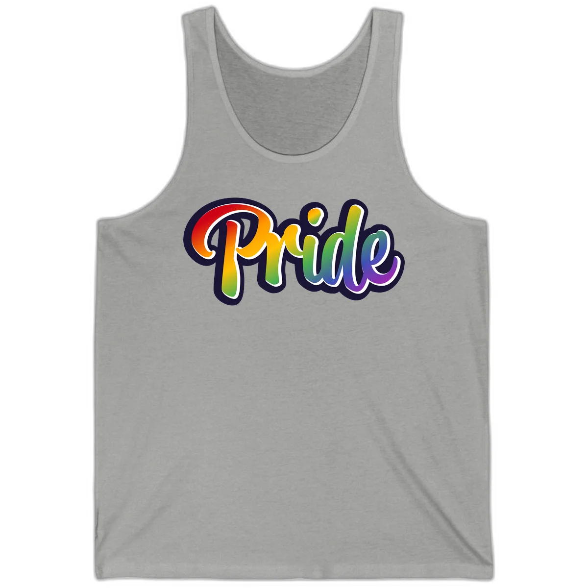 Pride rainbow script lettering with vibrant gradient fill from red to purple, featuring white outline and navy shadow effect in Athletic Heather