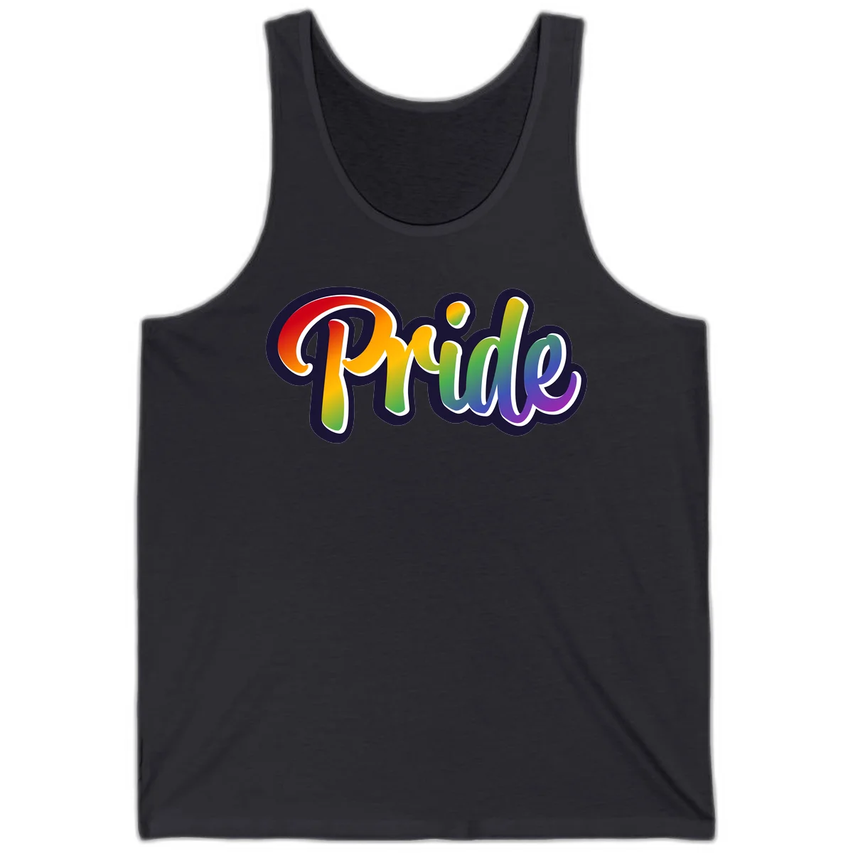 Pride rainbow script lettering with vibrant gradient fill from red to purple, featuring white outline and navy shadow effect in Dark Grey
