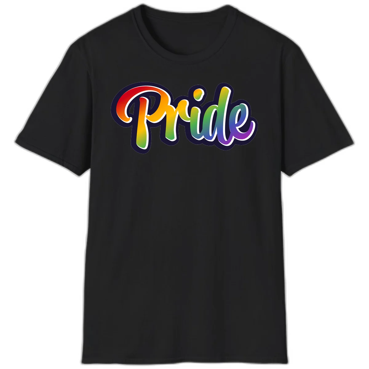 Pride rainbow script lettering with vibrant gradient fill from red to purple, featuring white outline and navy shadow effect in Black
