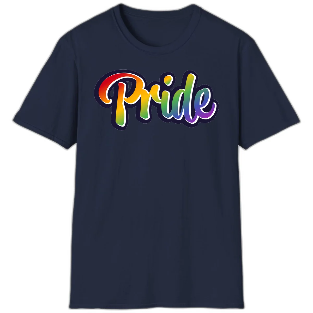 Pride rainbow script lettering with vibrant gradient fill from red to purple, featuring white outline and navy shadow effect in Navy