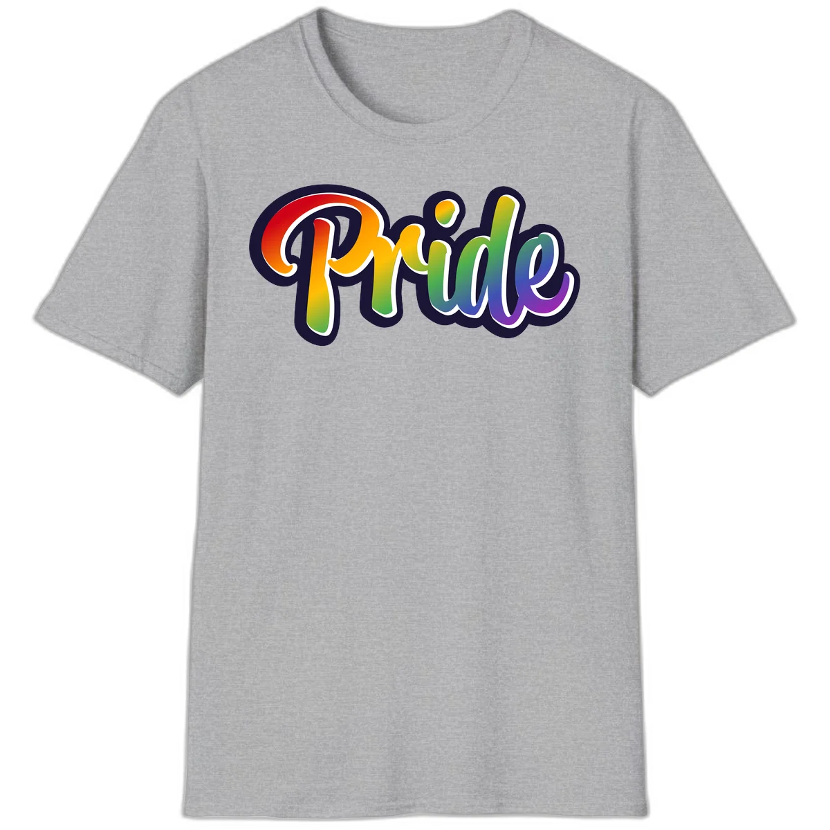 Pride rainbow script lettering with vibrant gradient fill from red to purple, featuring white outline and navy shadow effect in Sport Grey