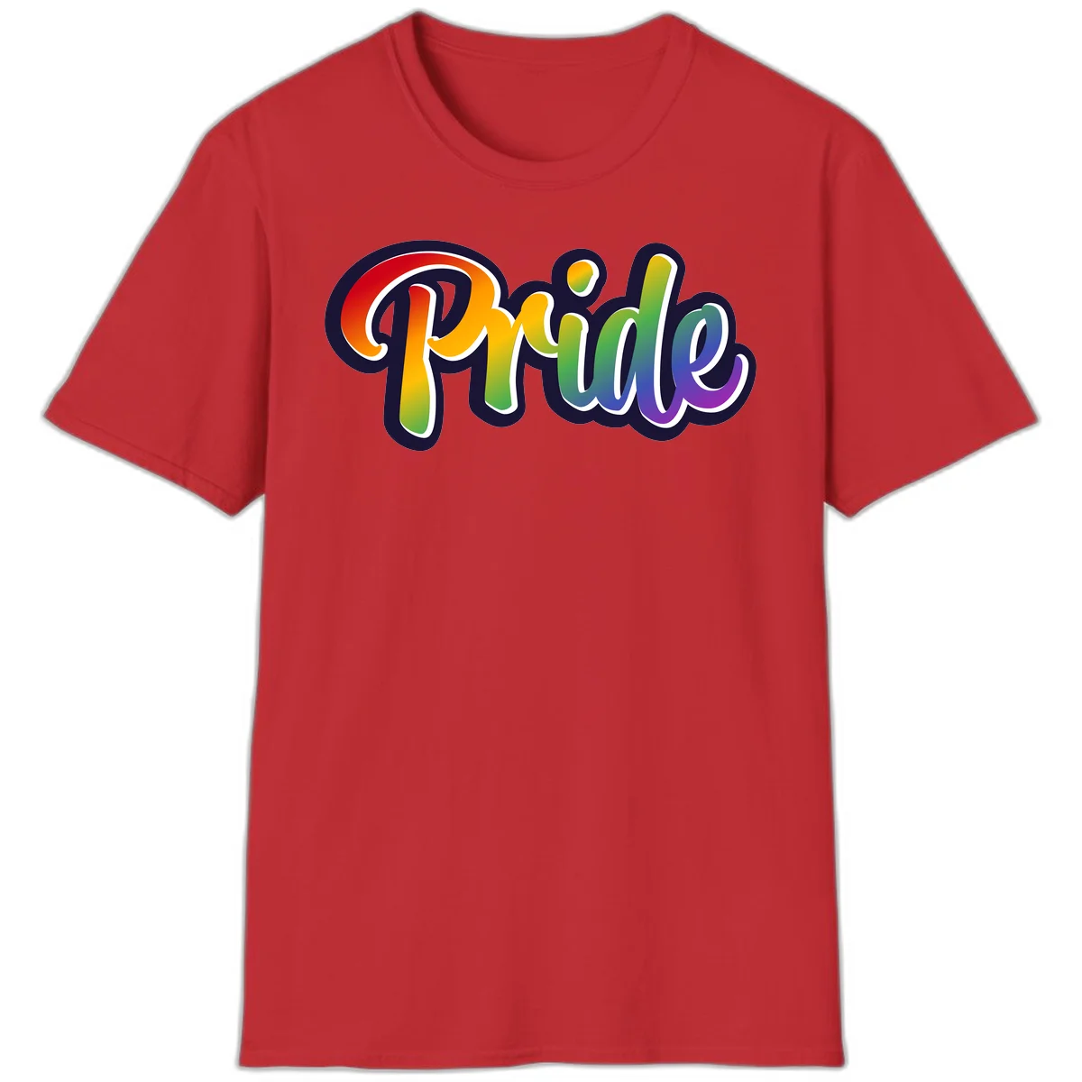 Pride rainbow script lettering with vibrant gradient fill from red to purple, featuring white outline and navy shadow effect in Red
