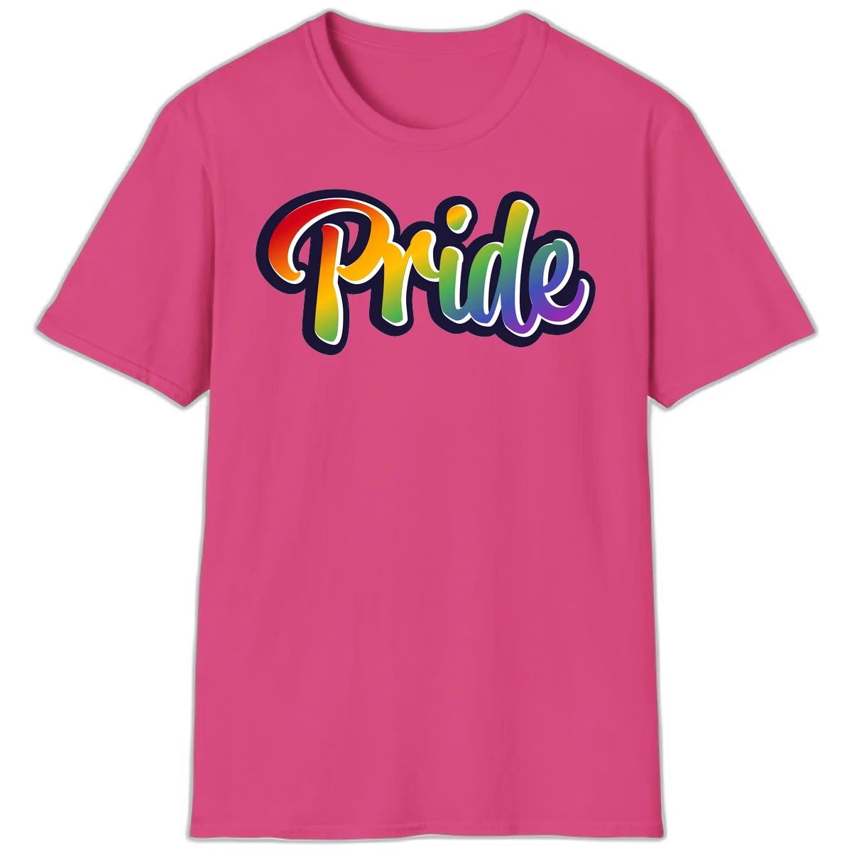 Pride rainbow script lettering with vibrant gradient fill from red to purple, featuring white outline and navy shadow effect in Heliconia