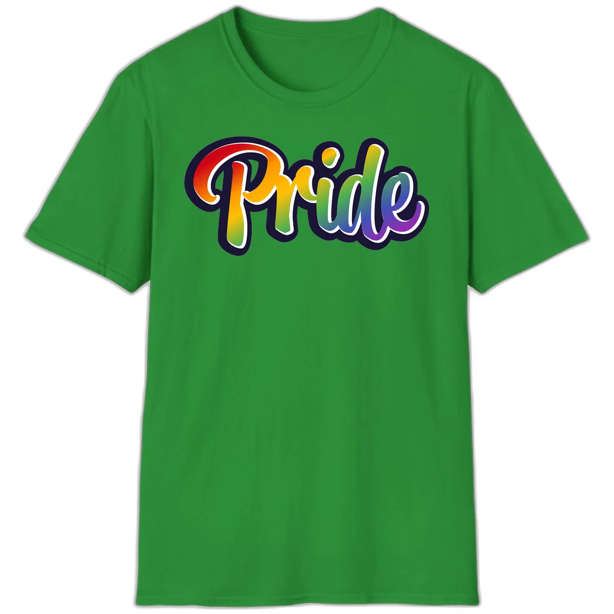 Pride rainbow script lettering with vibrant gradient fill from red to purple, featuring white outline and navy shadow effect in Irish Green