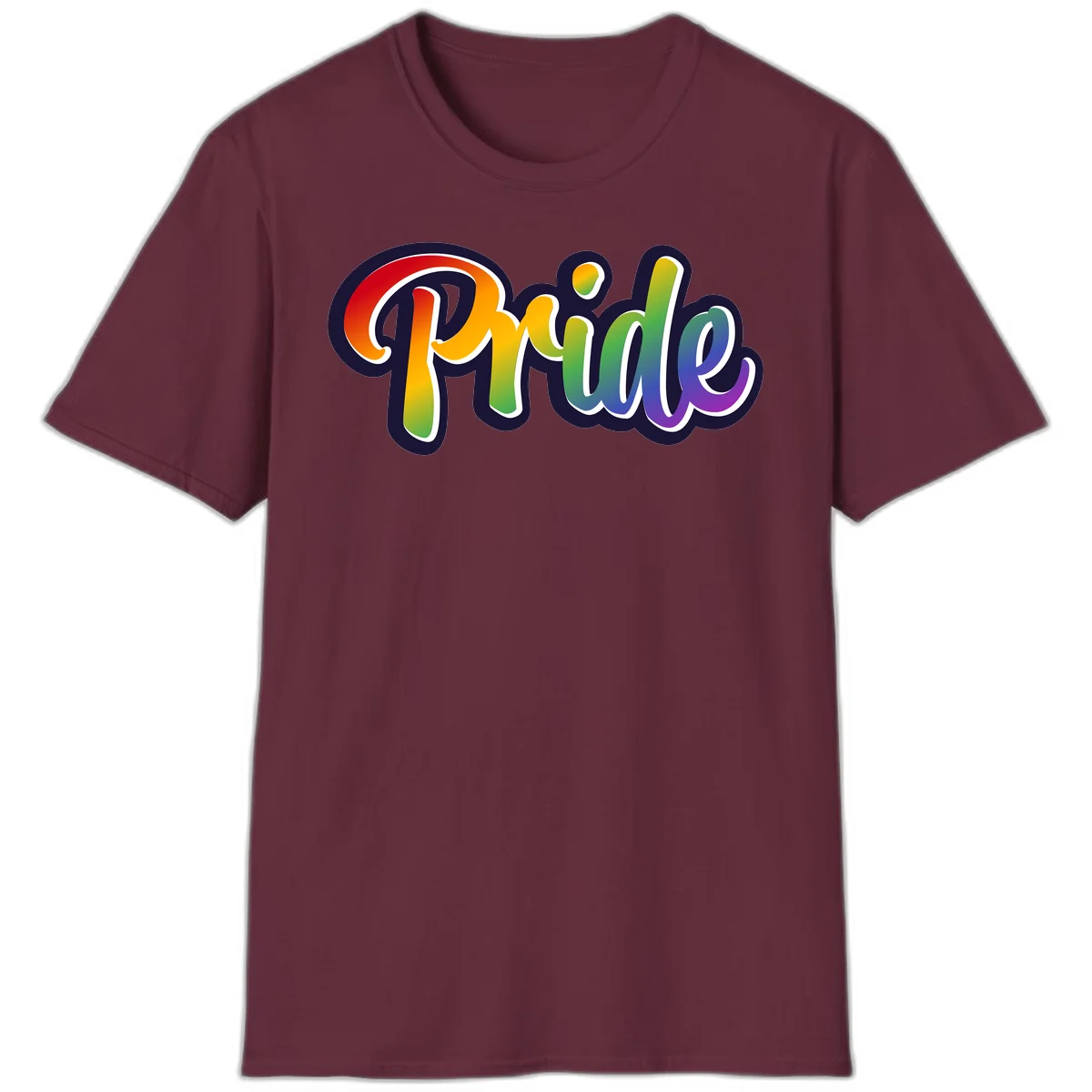 Pride rainbow script lettering with vibrant gradient fill from red to purple, featuring white outline and navy shadow effect in Maroon
