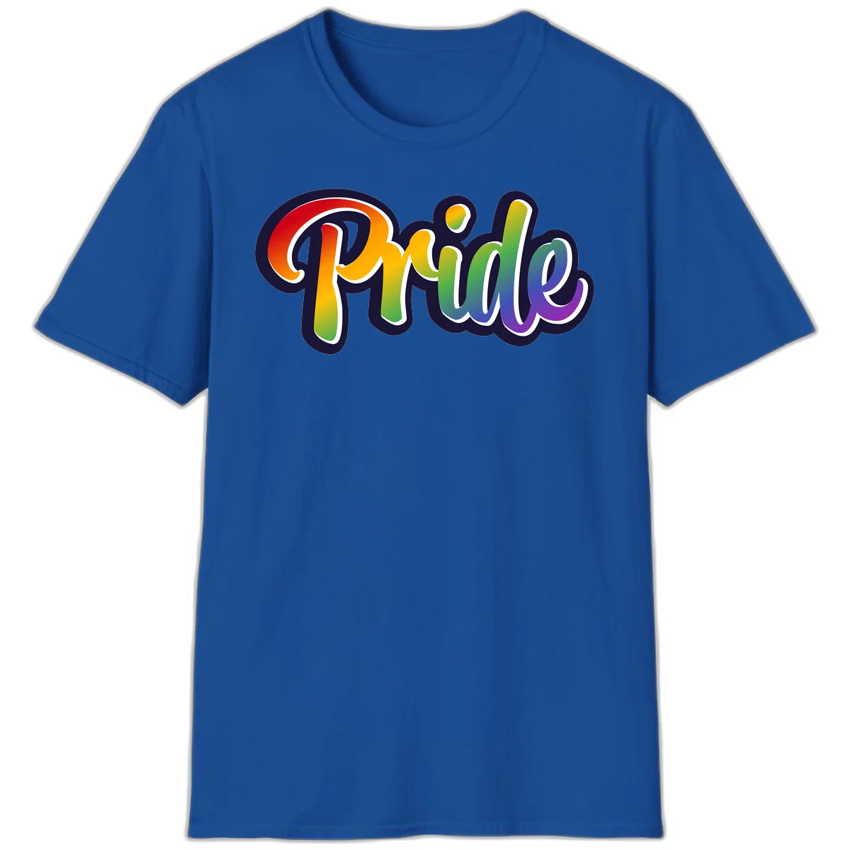 Pride rainbow script lettering with vibrant gradient fill from red to purple, featuring white outline and navy shadow effect in Royal