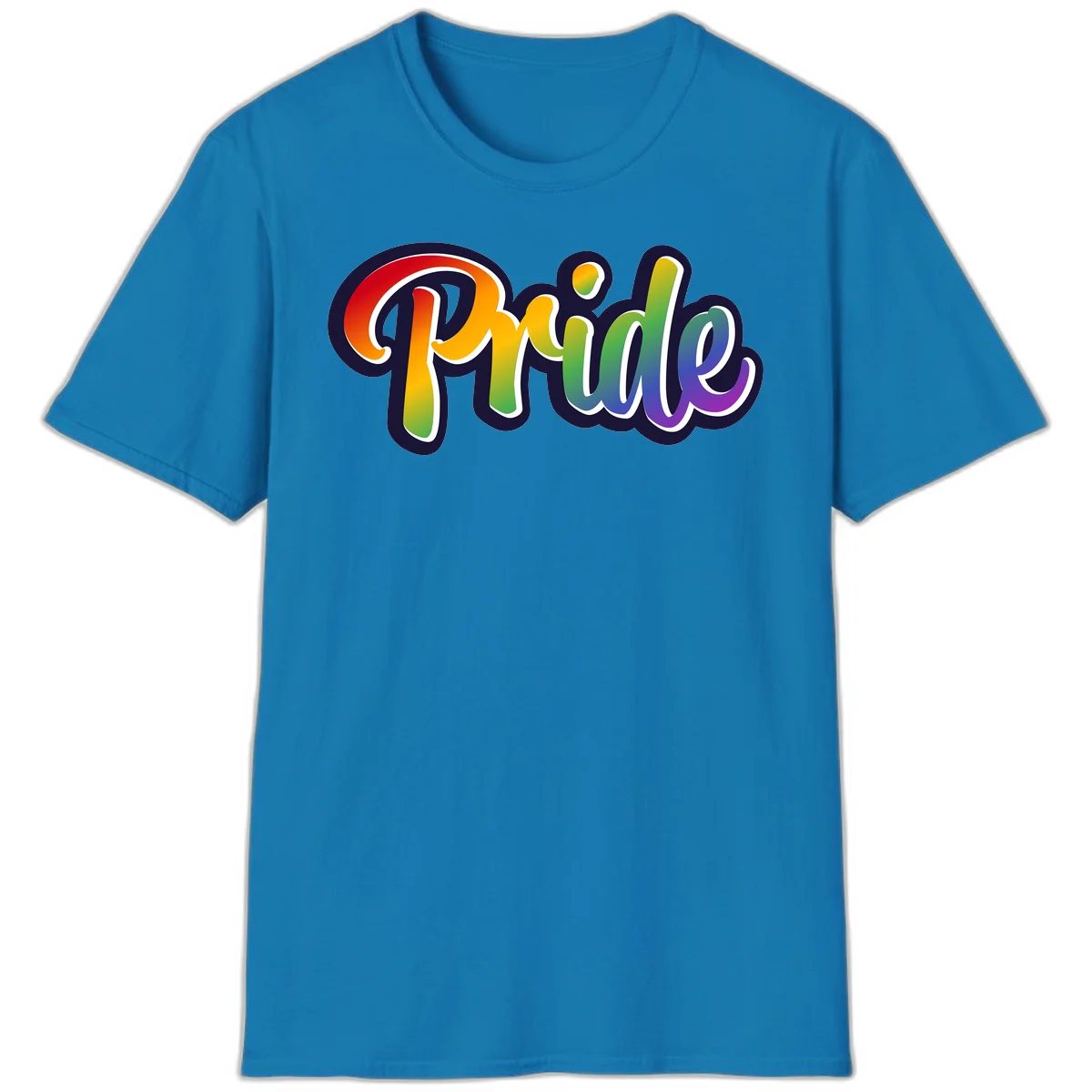 Pride rainbow script lettering with vibrant gradient fill from red to purple, featuring white outline and navy shadow effect in Sapphire