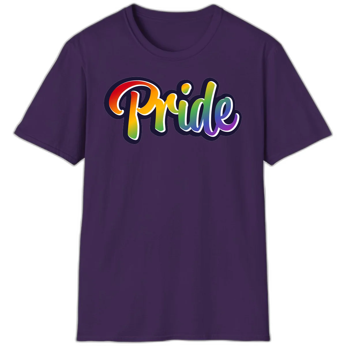 Pride rainbow script lettering with vibrant gradient fill from red to purple, featuring white outline and navy shadow effect in Purple
