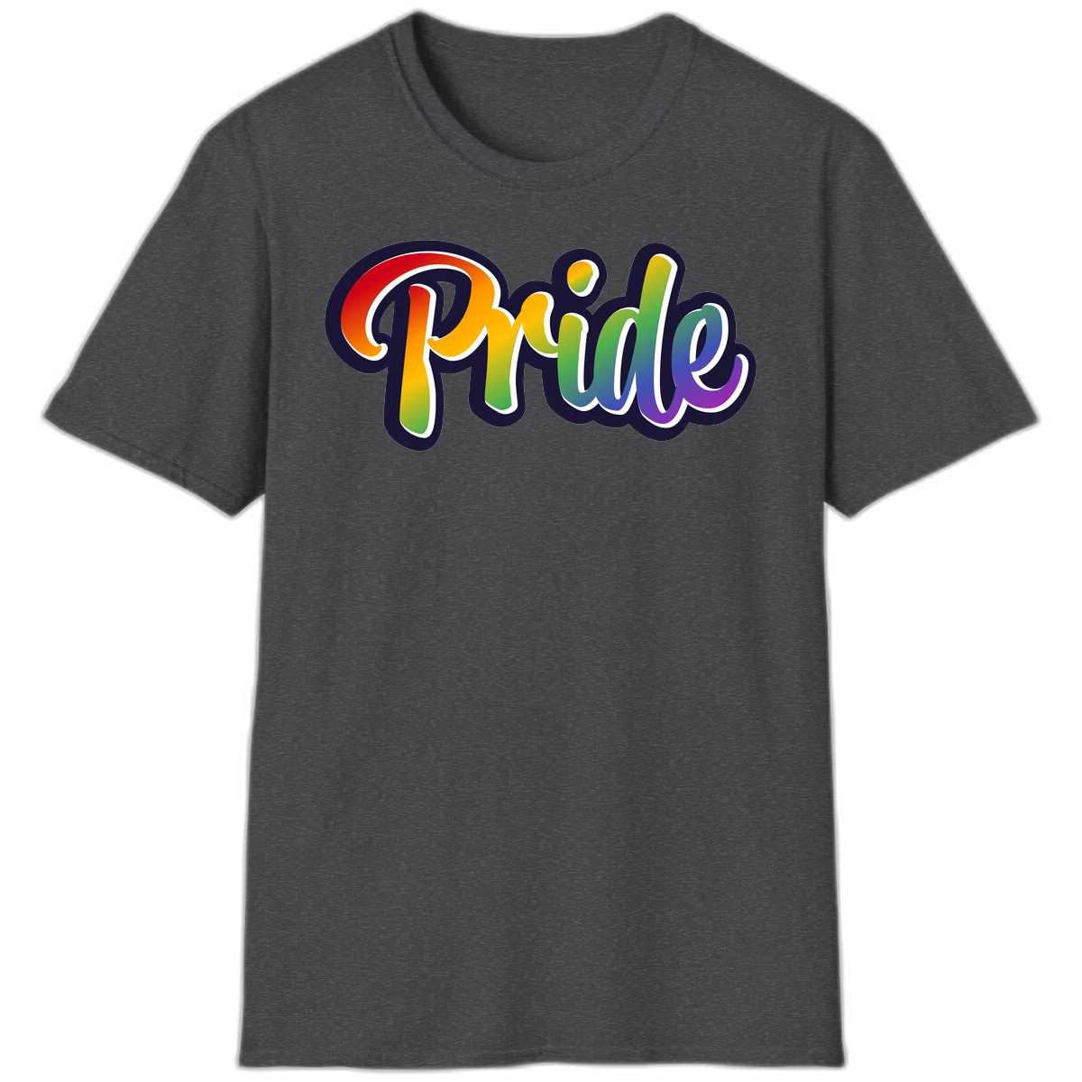 Pride rainbow script lettering with vibrant gradient fill from red to purple, featuring white outline and navy shadow effect in Dark Heather