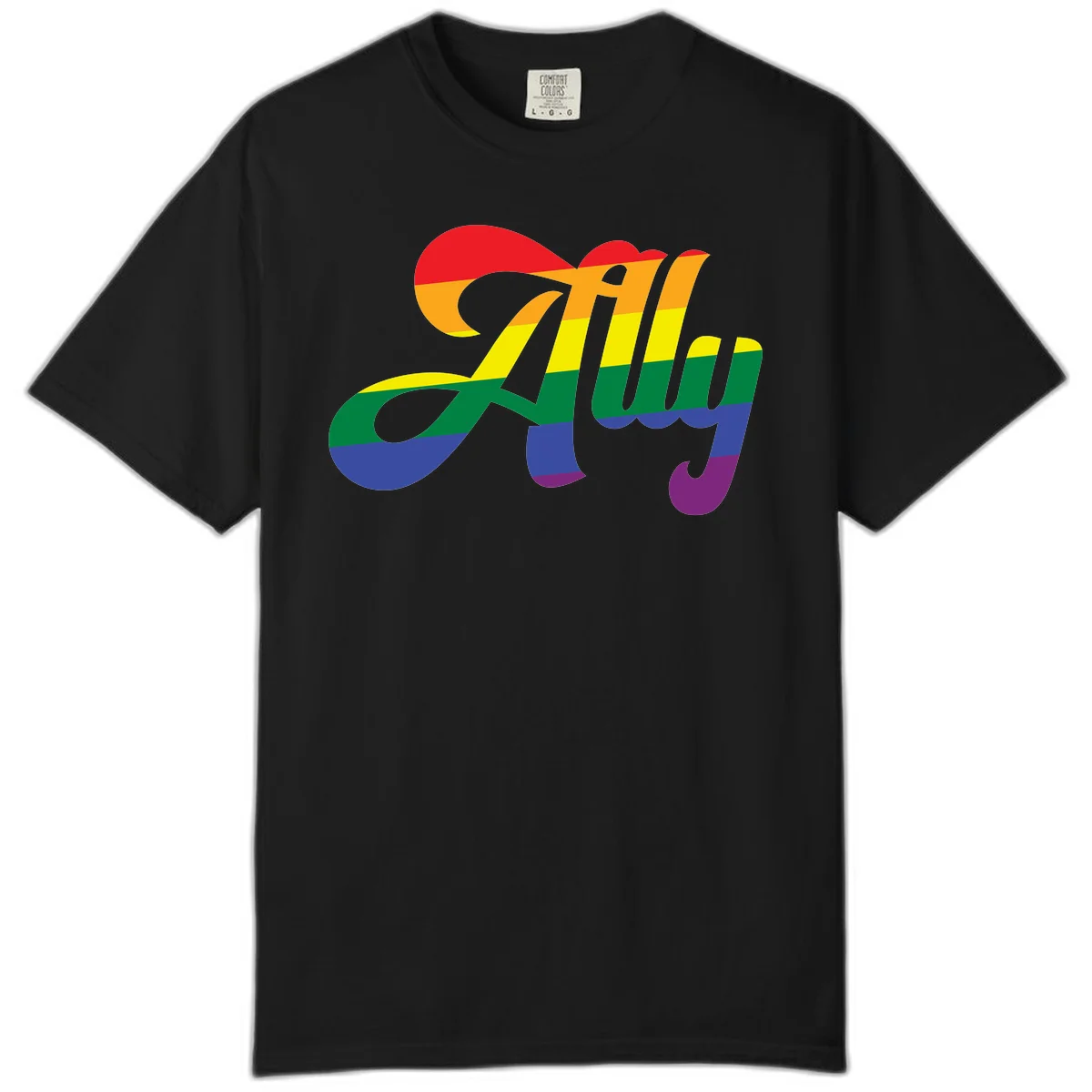Rainbow pride joy design with striped cursive lettering and colorful sun motif in Black