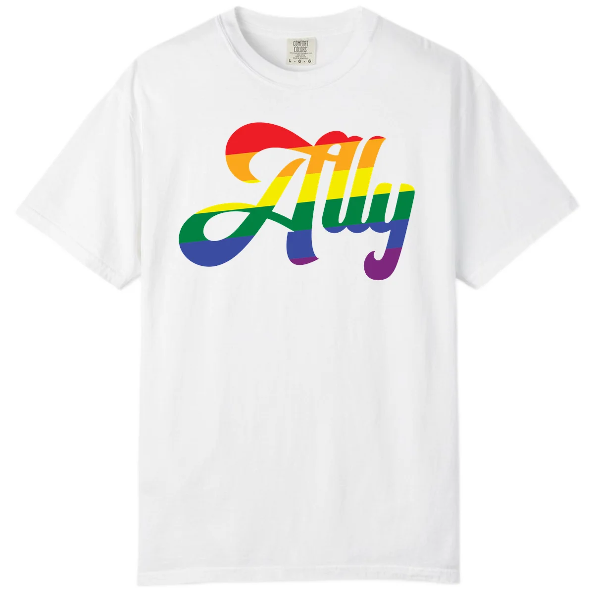 Rainbow pride joy design with striped cursive lettering and colorful sun motif in White