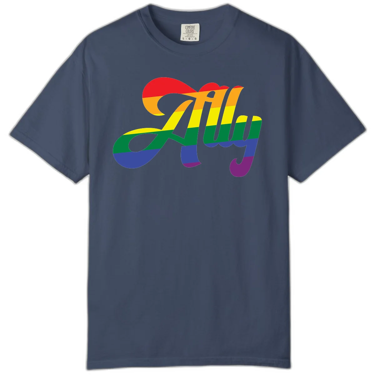 Rainbow pride joy design with striped cursive lettering and colorful sun motif in Midnight