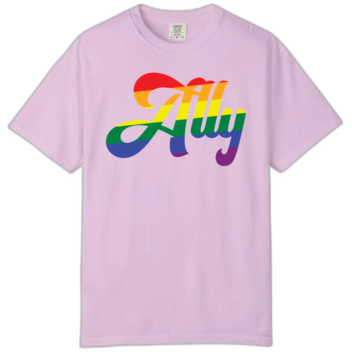 Rainbow pride joy design with striped cursive lettering and colorful sun motif in Orchid