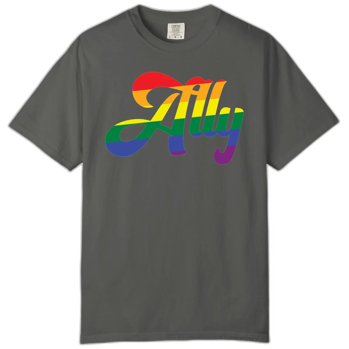 Rainbow pride joy design with striped cursive lettering and colorful sun motif in Pepper