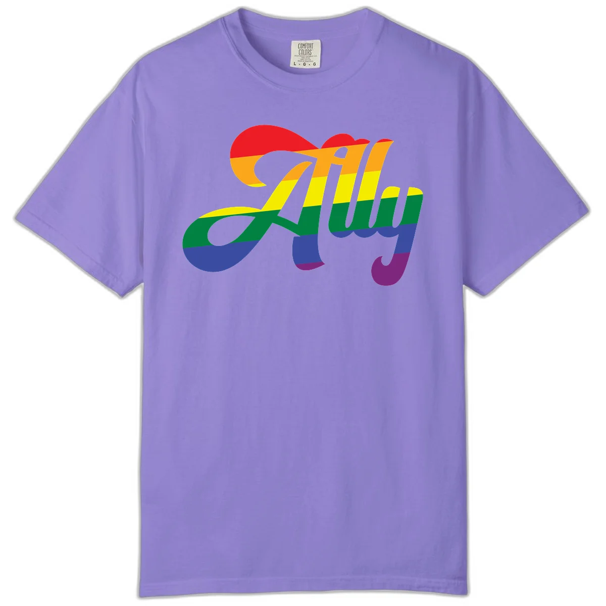 Rainbow pride joy design with striped cursive lettering and colorful sun motif in Violet