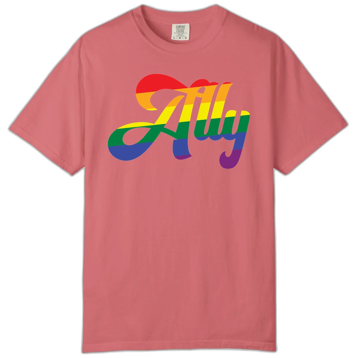 Rainbow pride joy design with striped cursive lettering and colorful sun motif in Watermelon