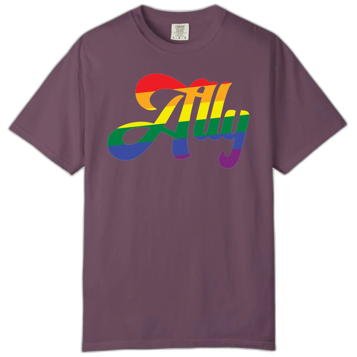 Rainbow pride joy design with striped cursive lettering and colorful sun motif in Berry