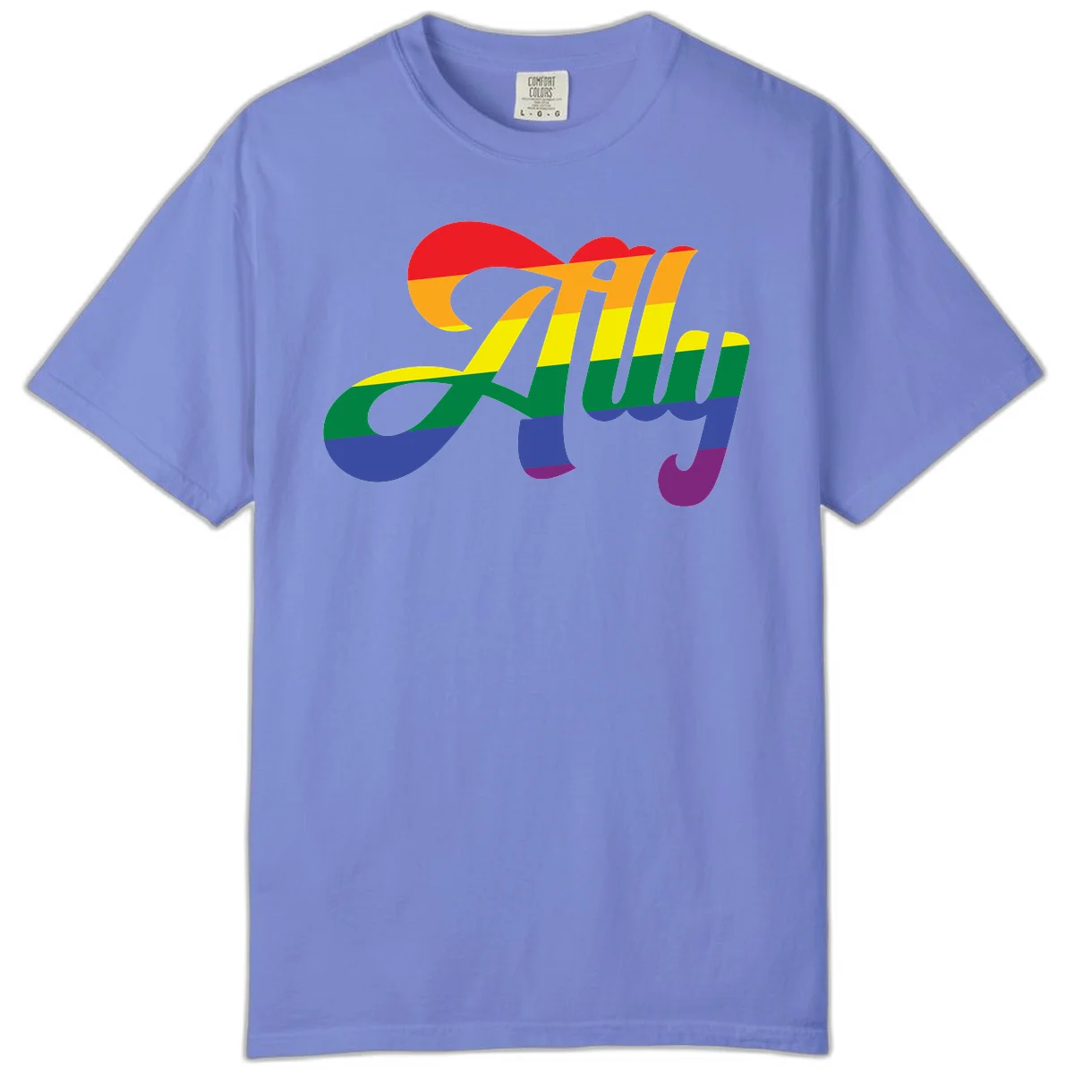 Rainbow pride joy design with striped cursive lettering and colorful sun motif in Flo Blue