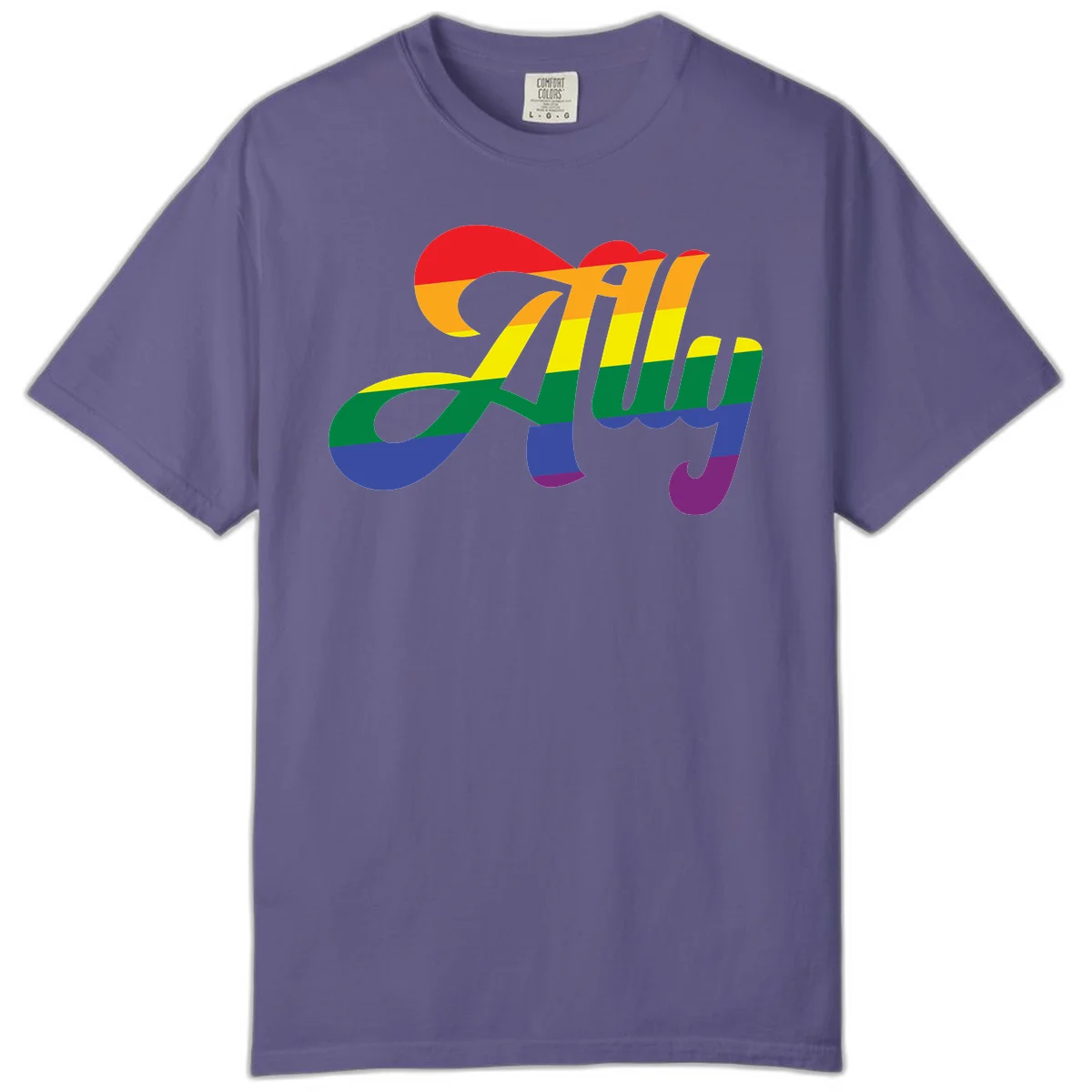 Rainbow pride joy design with striped cursive lettering and colorful sun motif in Grape