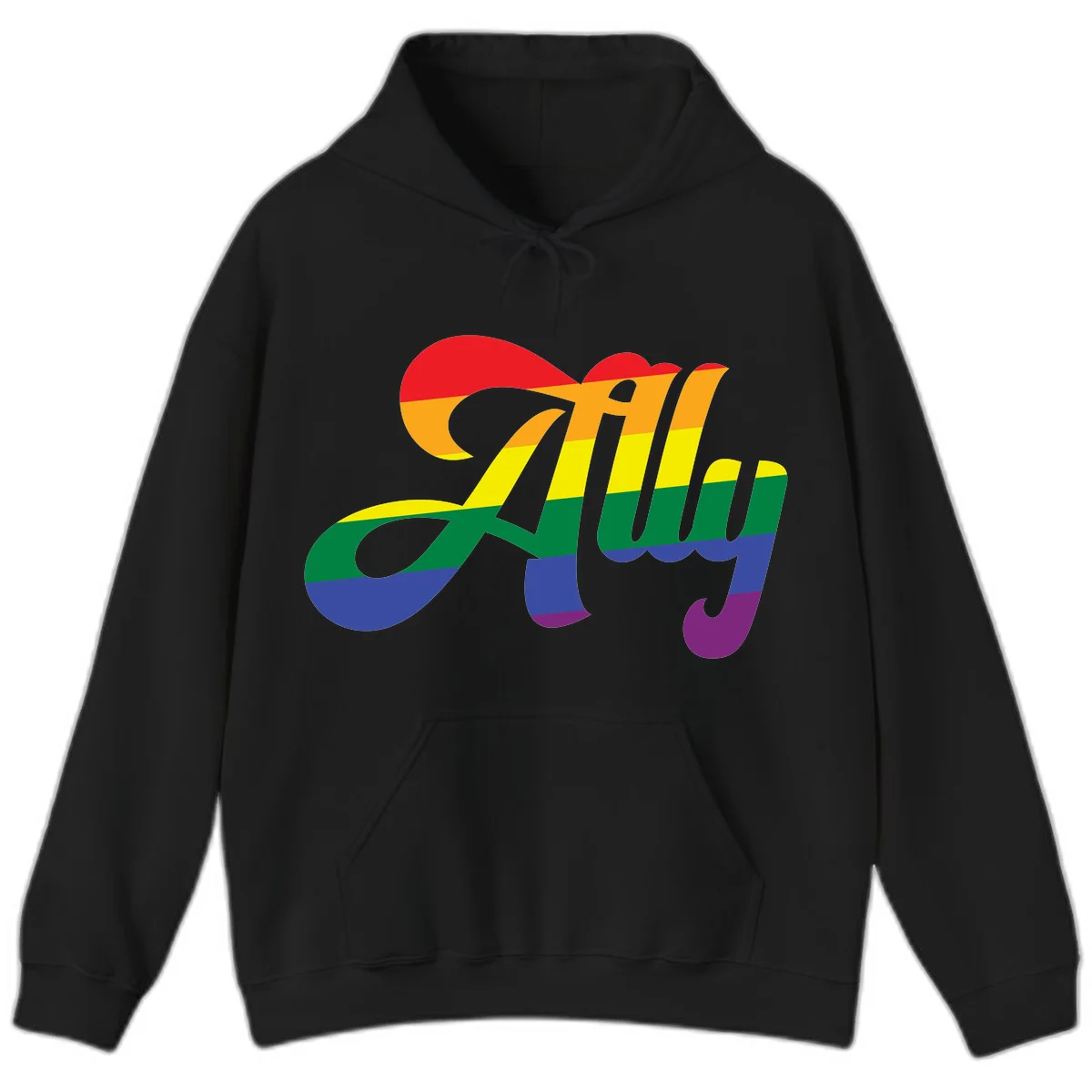 Rainbow pride joy design with striped cursive lettering and colorful sun motif in Black