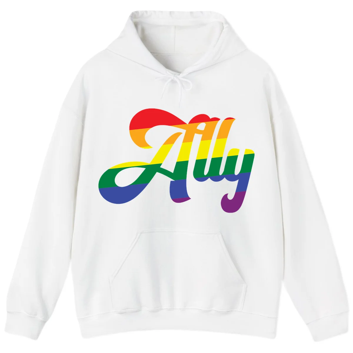 Rainbow pride joy design with striped cursive lettering and colorful sun motif in White