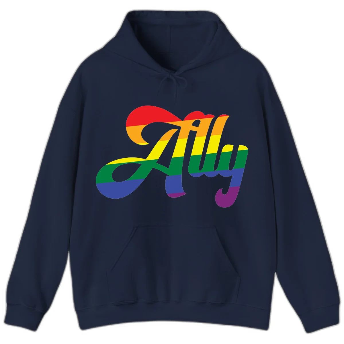 Rainbow pride joy design with striped cursive lettering and colorful sun motif in Navy