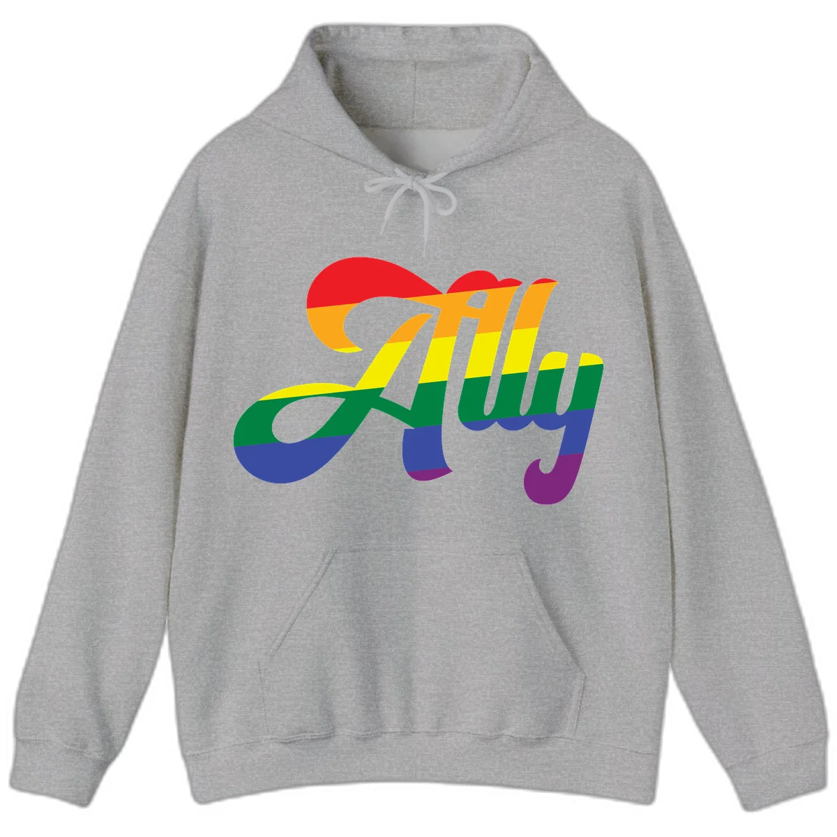 Rainbow pride joy design with striped cursive lettering and colorful sun motif in Sport Grey