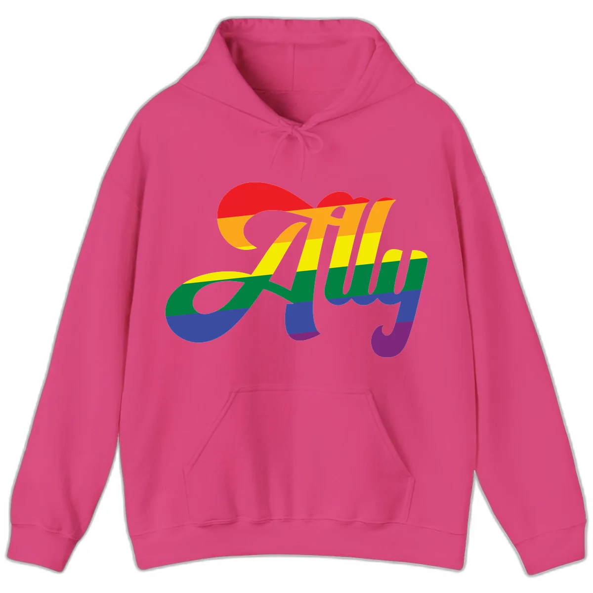 Rainbow pride joy design with striped cursive lettering and colorful sun motif in Heliconia