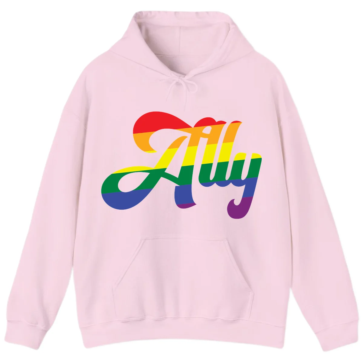 Rainbow pride joy design with striped cursive lettering and colorful sun motif in Light Pink