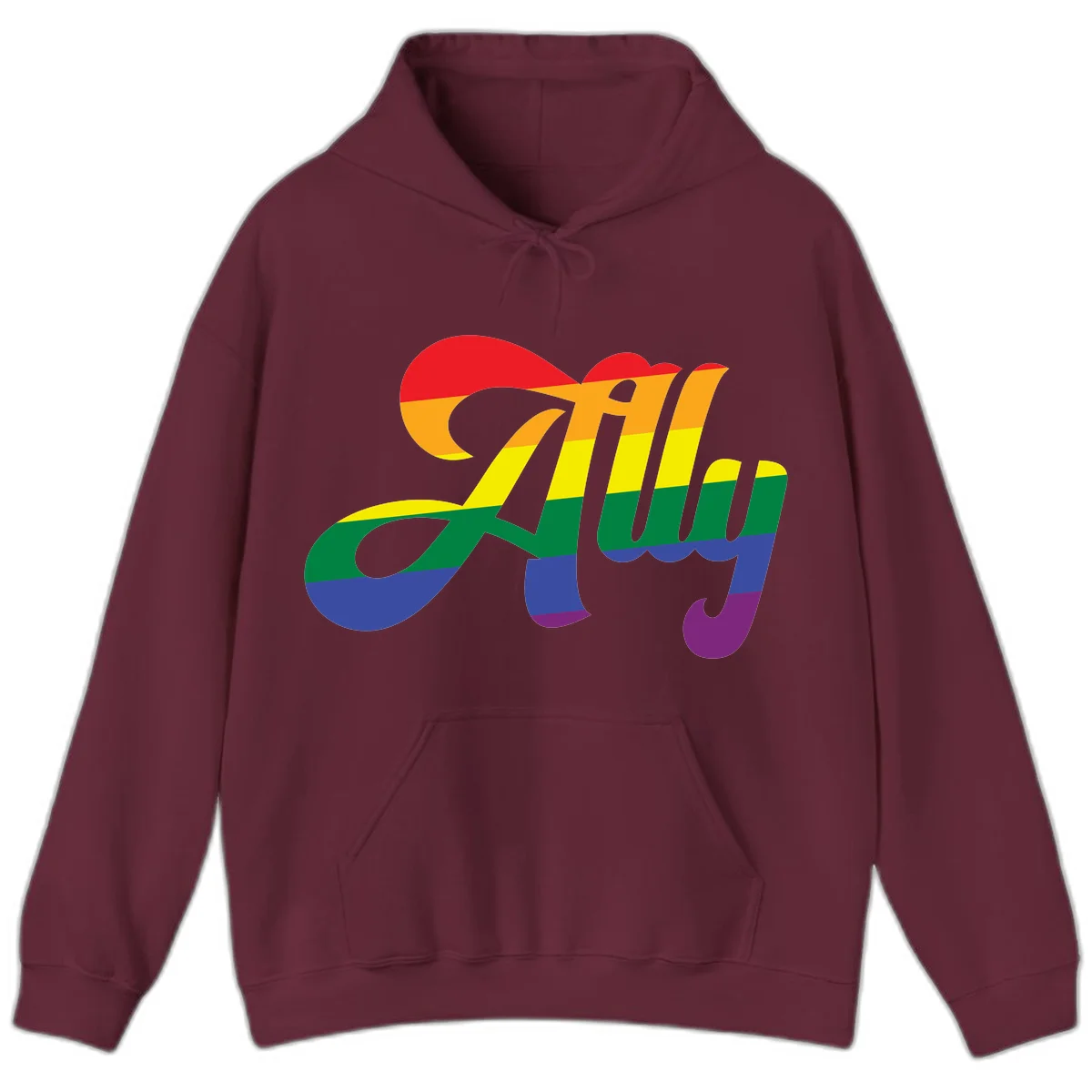 Rainbow pride joy design with striped cursive lettering and colorful sun motif in Maroon