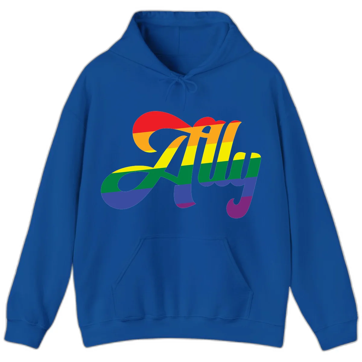 Rainbow pride joy design with striped cursive lettering and colorful sun motif in Royal