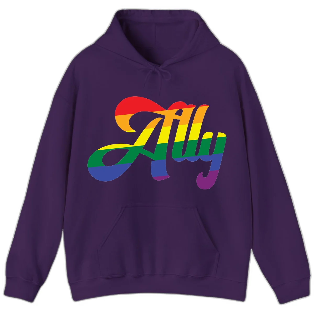 Rainbow pride joy design with striped cursive lettering and colorful sun motif in Purple