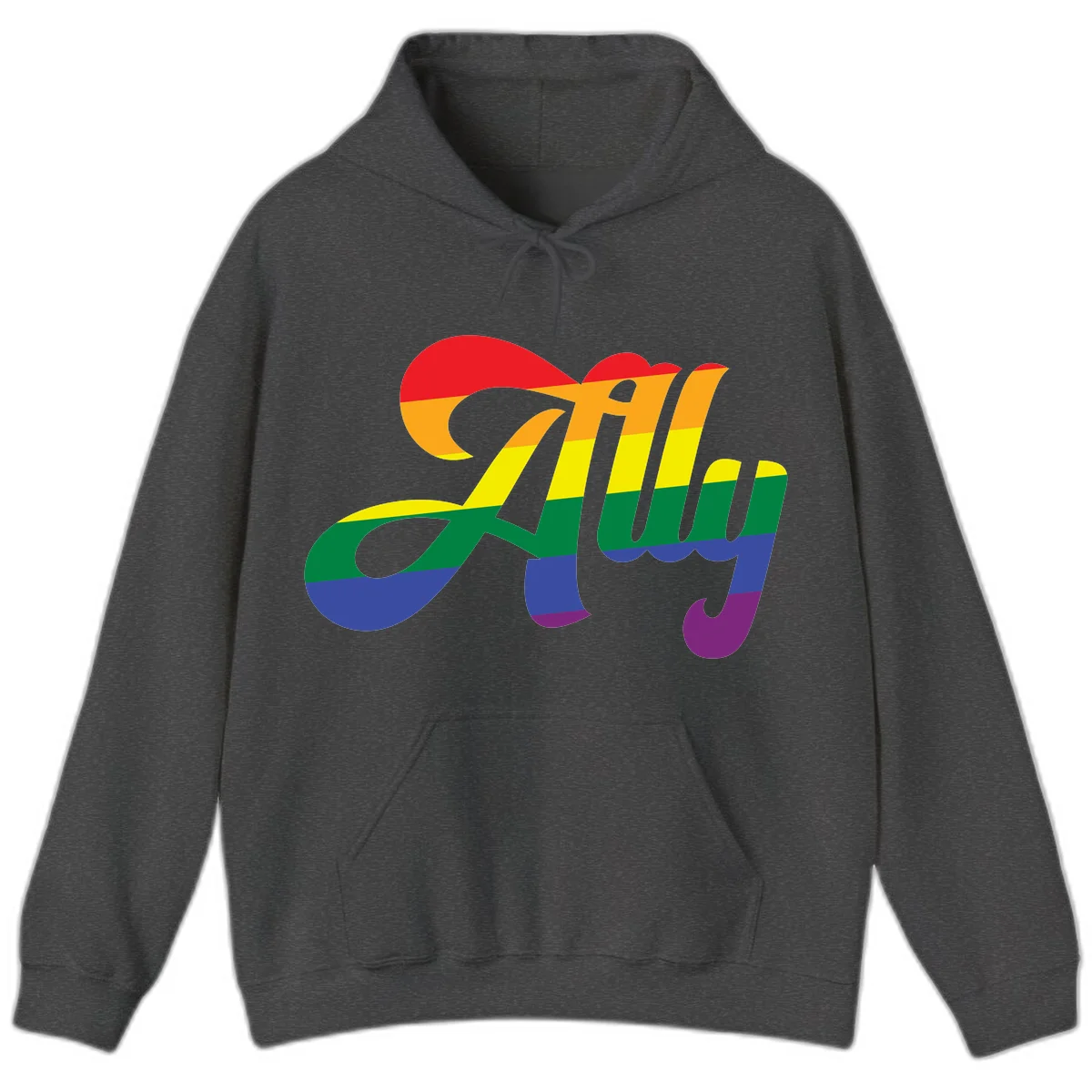 Rainbow pride joy design with striped cursive lettering and colorful sun motif in Dark Heather